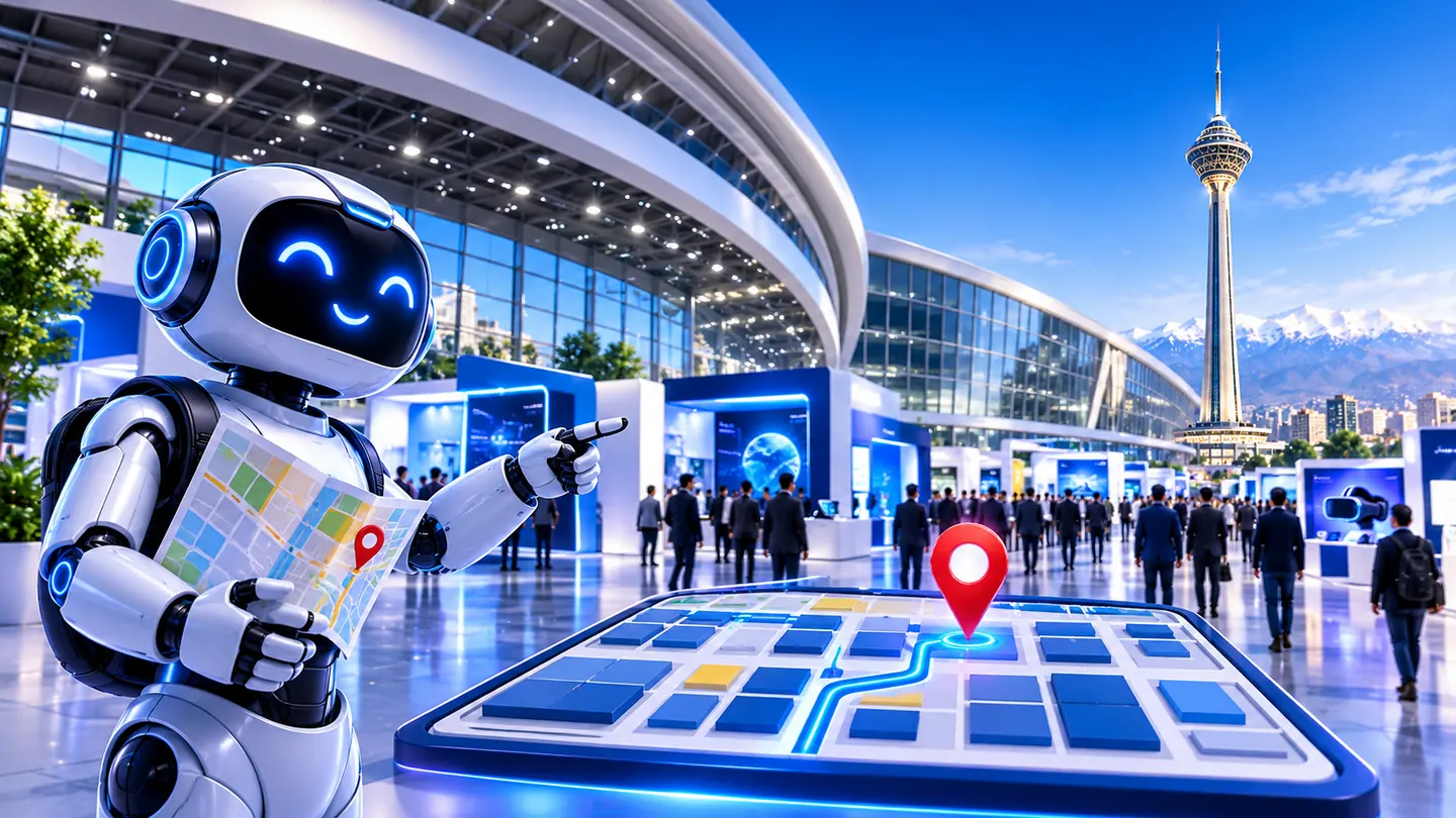A guide robot holding an exhibition hall map