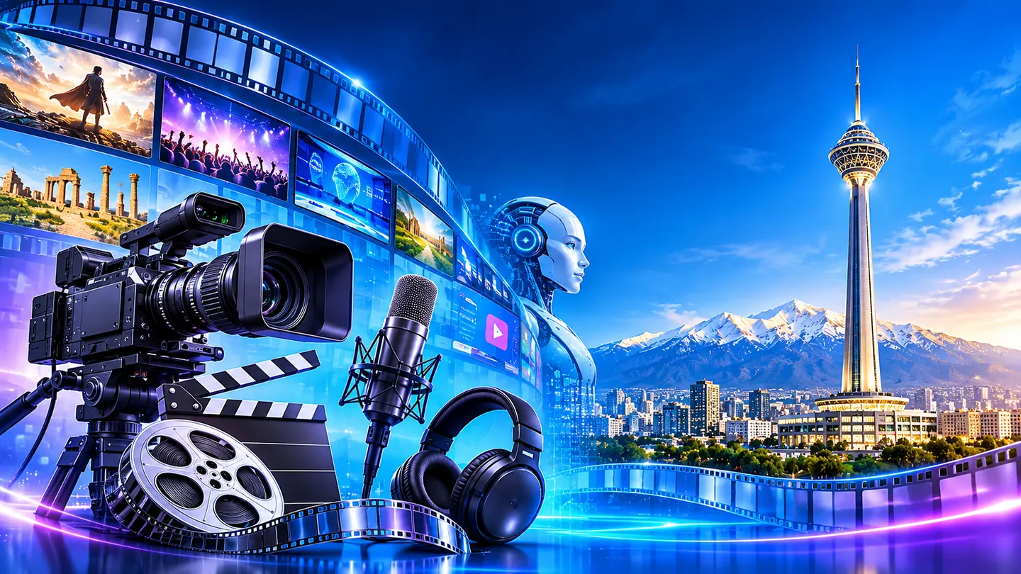A film camera, a microphone and Tehran's Milad Tower